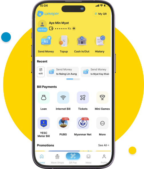 အရင်ဆုံး WavePay App ကို ဖွင့်ပါ။ ပြီးရင် “ဖုန်းငွေဖြည့်” ကိုနှိပ်ပါ။​