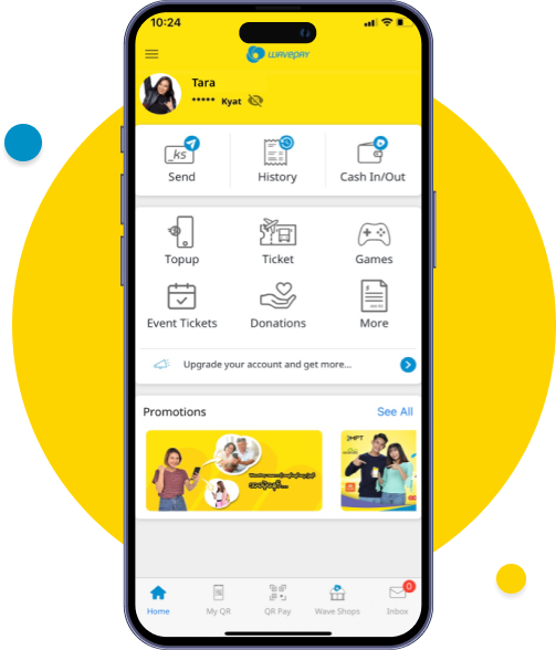 အရင်ဆုံး WavePay App ကို ဖွင့်ပါ။ ပြီးရင် “ငွေသွင်း/ထုတ်” ကိုနှိပ်ပါ။
