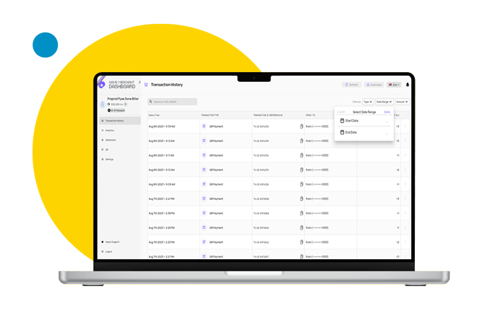 Narrow your transaction history using a custom date rangစိတ်ကြိုက်ရက်စွဲအပိုင်းအခြားကို အသုံးပြုပြီးစစ်ထုတ်နိုင်ပါသးတယ်။e.